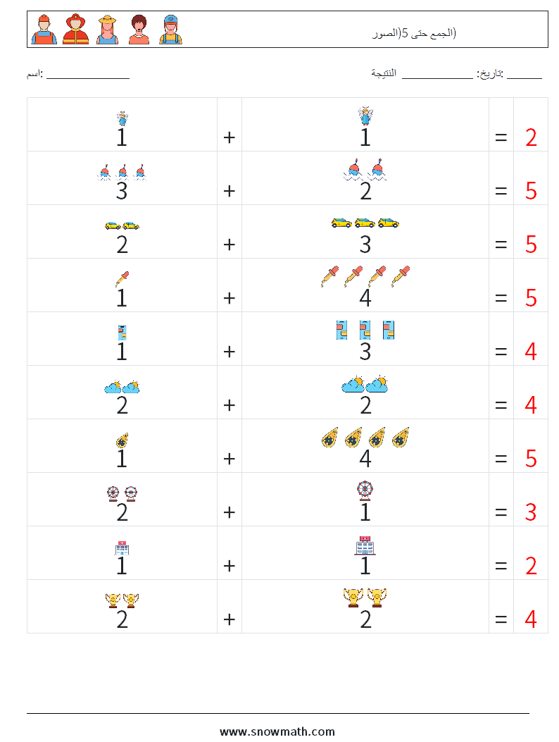 الجمع حتى 5(الصور) أوراق عمل الرياضيات 12 سؤال وجواب