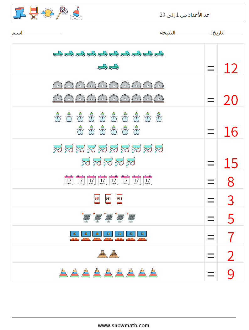 عد الأعداد من 1 إلى 20 أوراق عمل الرياضيات 11 سؤال وجواب