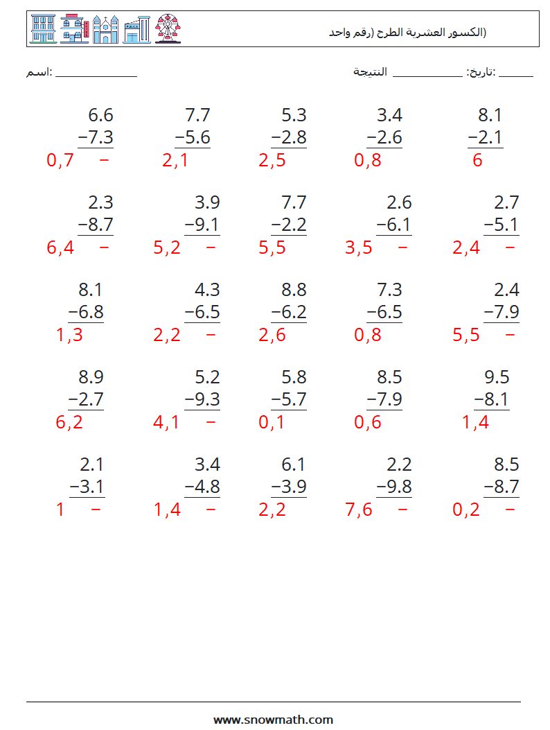 (25) الكسور العشرية الطرح (رقم واحد) أوراق عمل الرياضيات 11 سؤال وجواب