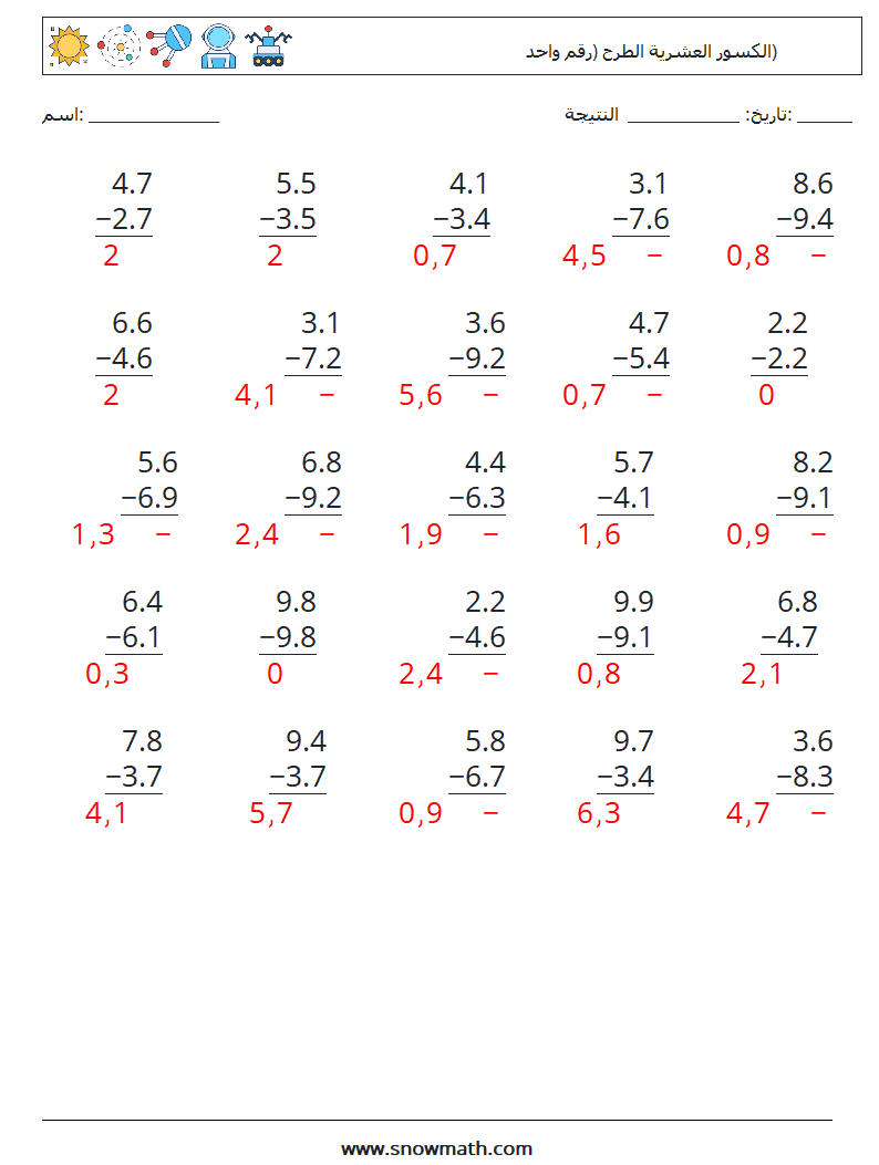 (25) الكسور العشرية الطرح (رقم واحد) أوراق عمل الرياضيات 5 سؤال وجواب
