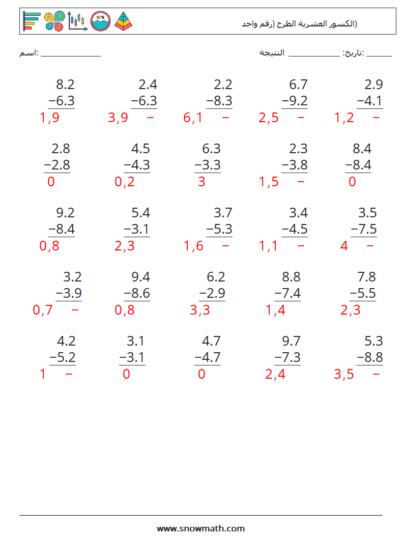 (25) الكسور العشرية الطرح (رقم واحد) أوراق عمل الرياضيات 9 سؤال وجواب