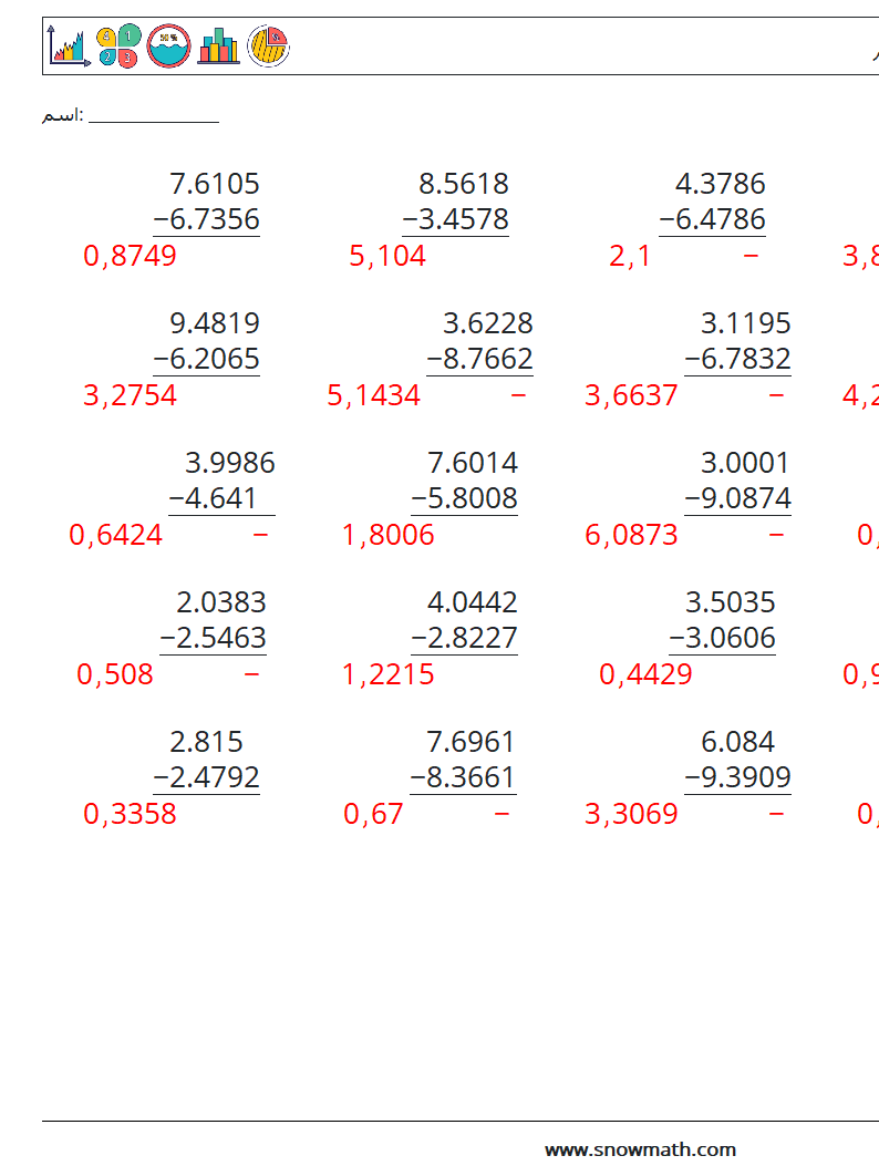 (25) الكسور العشرية الطرح (4 أرقام) أوراق عمل الرياضيات 13 سؤال وجواب