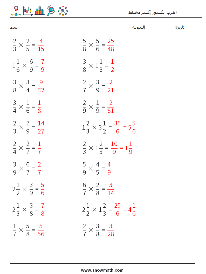 (20) ضرب الكسور (كسر مختلط) أوراق عمل الرياضيات 9 سؤال وجواب