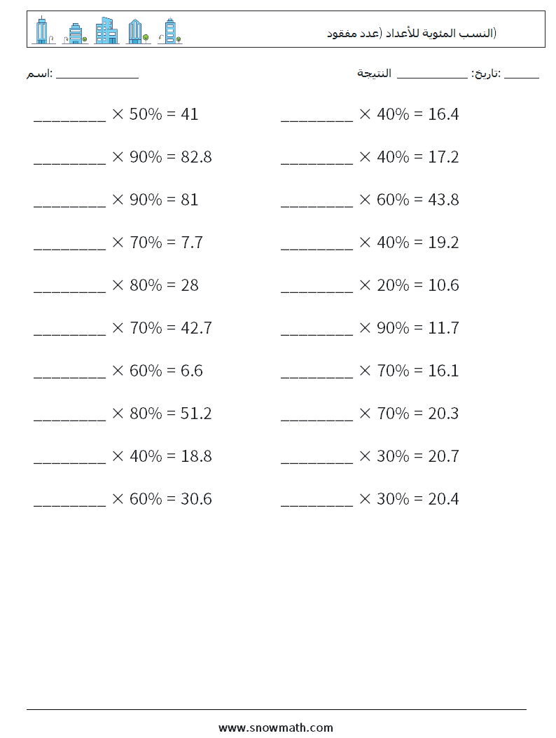 النسب المئوية للأعداد (عدد مفقود) أوراق عمل الرياضيات 1