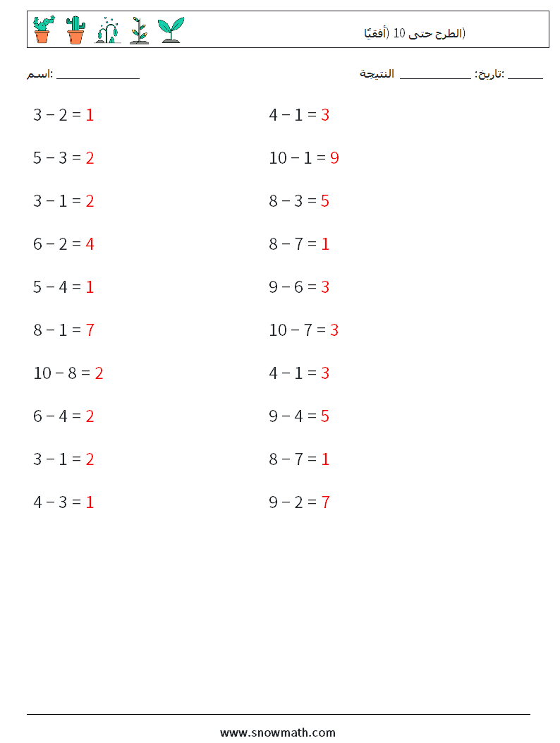 (20) الطرح حتى 10 (أفقيًا) أوراق عمل الرياضيات 1 سؤال وجواب