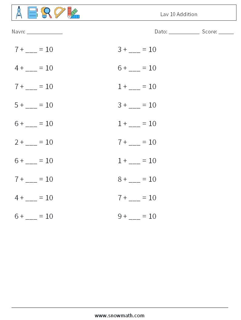 (20) Lav 10 Addition Matematiske regneark 2