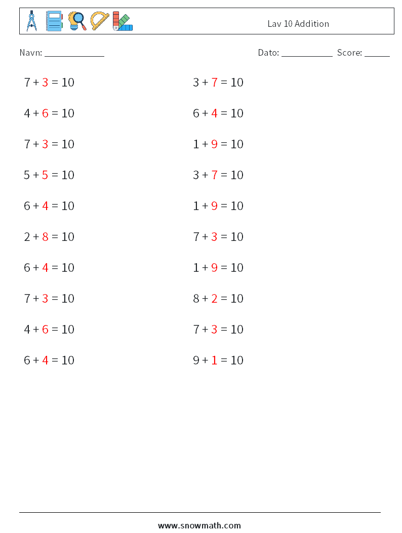 (20) Lav 10 Addition Matematiske regneark 2 Spørgsmål, svar