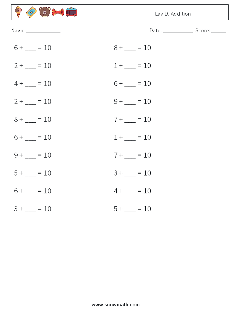 (20) Lav 10 Addition Matematiske regneark 3