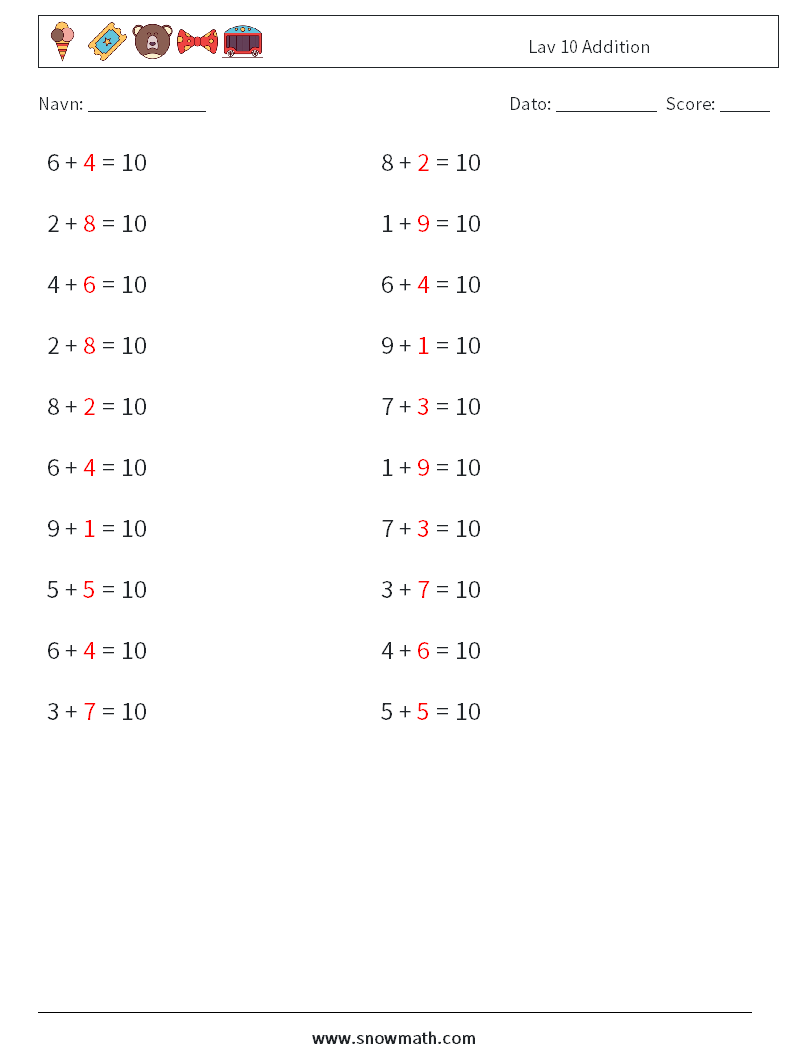 (20) Lav 10 Addition Matematiske regneark 3 Spørgsmål, svar