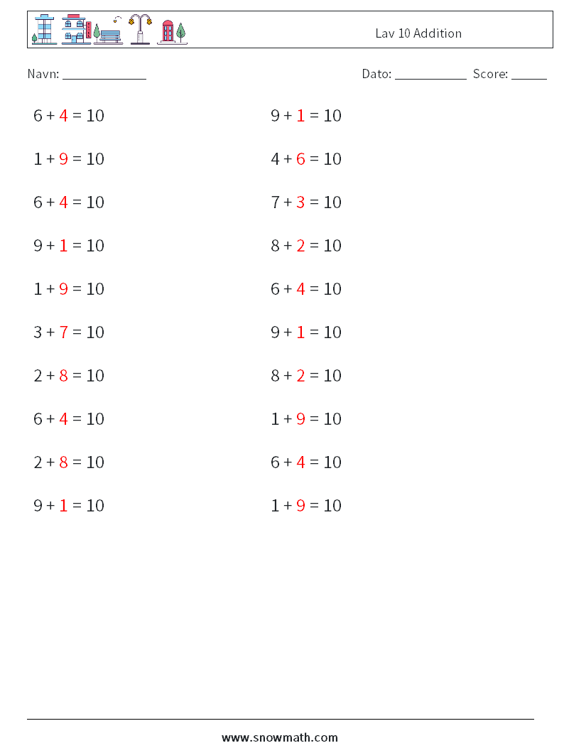 (20) Lav 10 Addition Matematiske regneark 4 Spørgsmål, svar