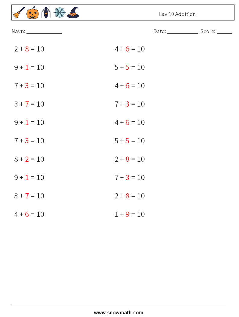 (20) Lav 10 Addition Matematiske regneark 5 Spørgsmål, svar