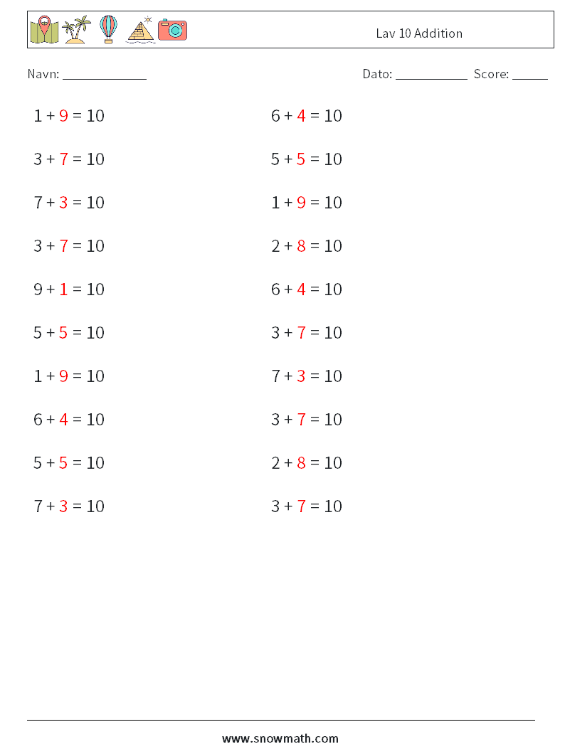 (20) Lav 10 Addition Matematiske regneark 6 Spørgsmål, svar