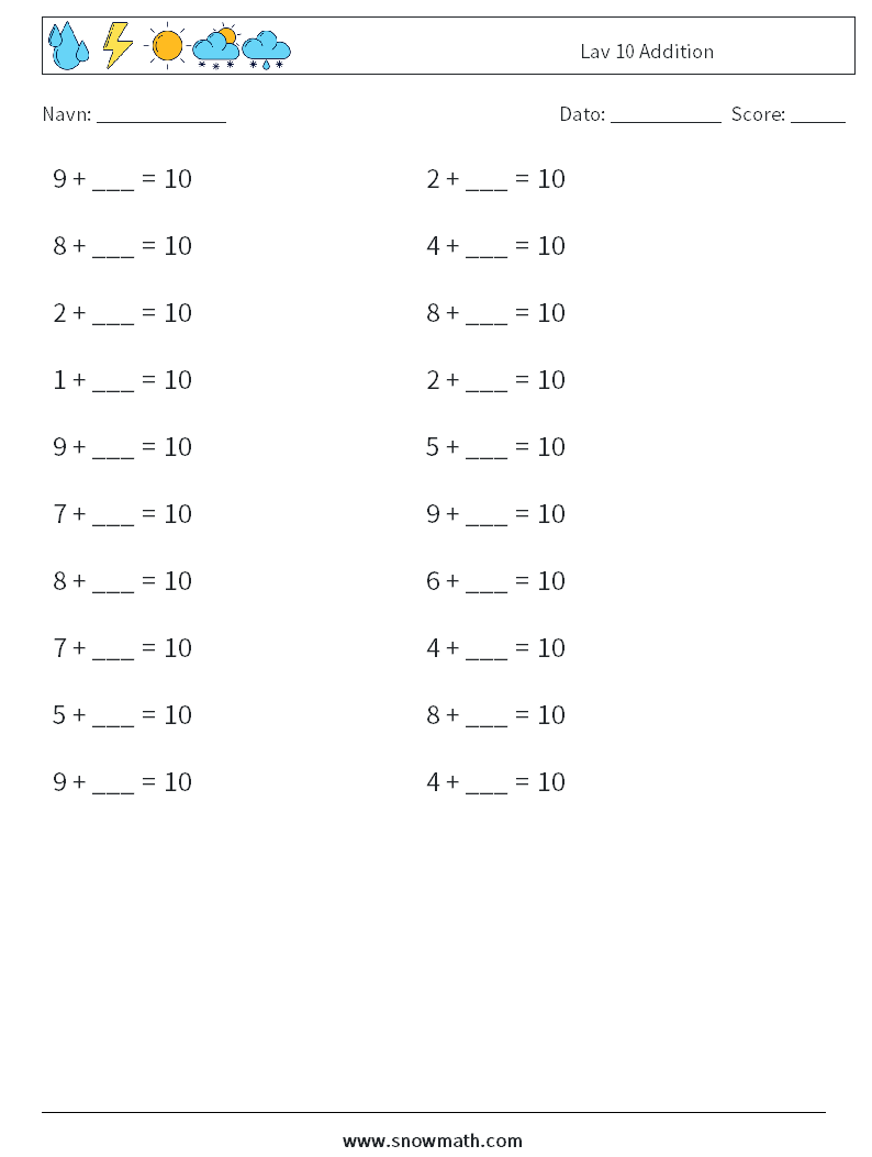 (20) Lav 10 Addition Matematiske regneark 7