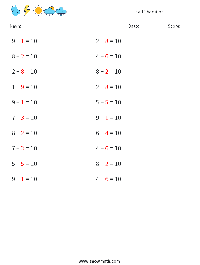 (20) Lav 10 Addition Matematiske regneark 7 Spørgsmål, svar