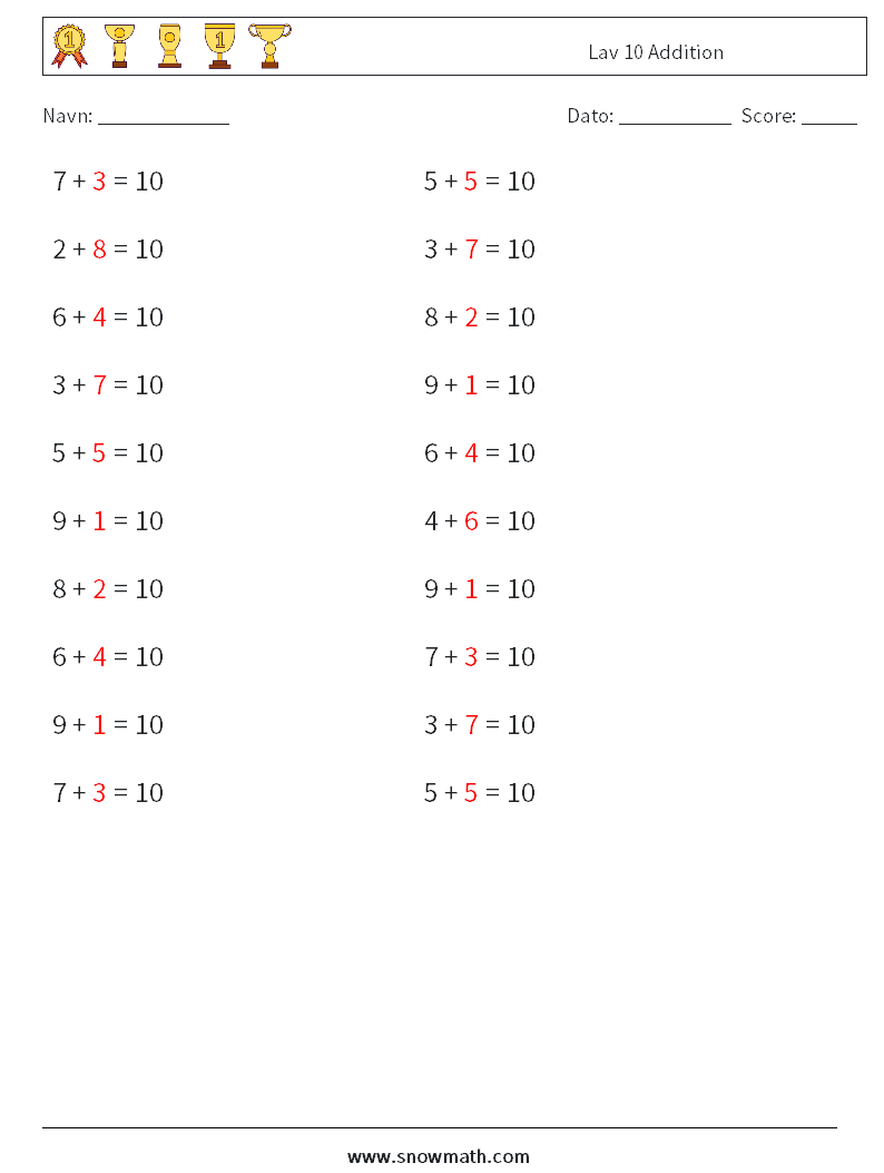 (20) Lav 10 Addition Matematiske regneark 8 Spørgsmål, svar