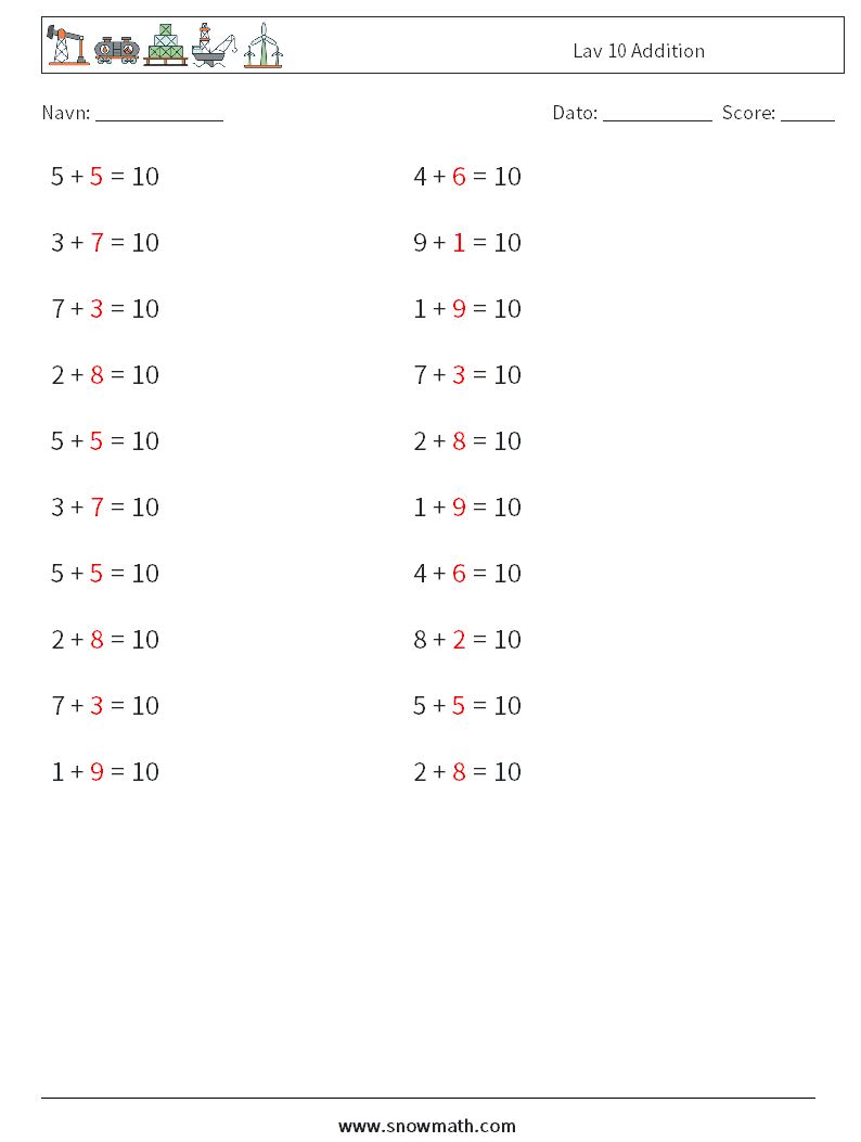 (20) Lav 10 Addition Matematiske regneark 9 Spørgsmål, svar