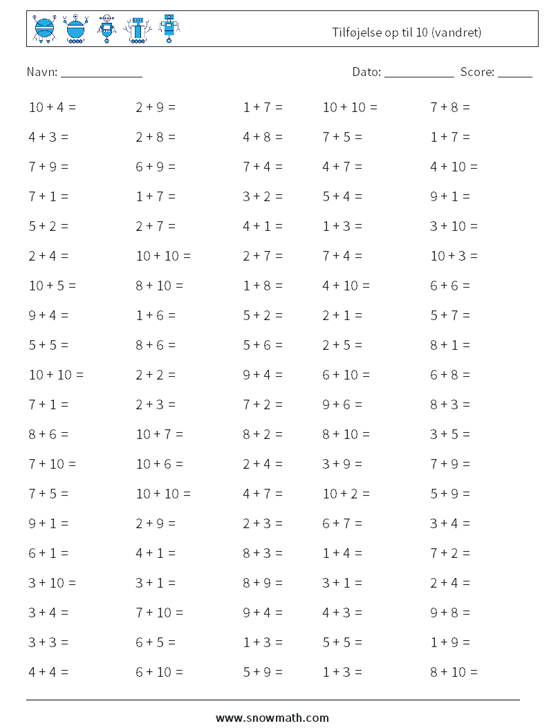 (100) Tilføjelse op til 10 (vandret) Matematiske regneark 9