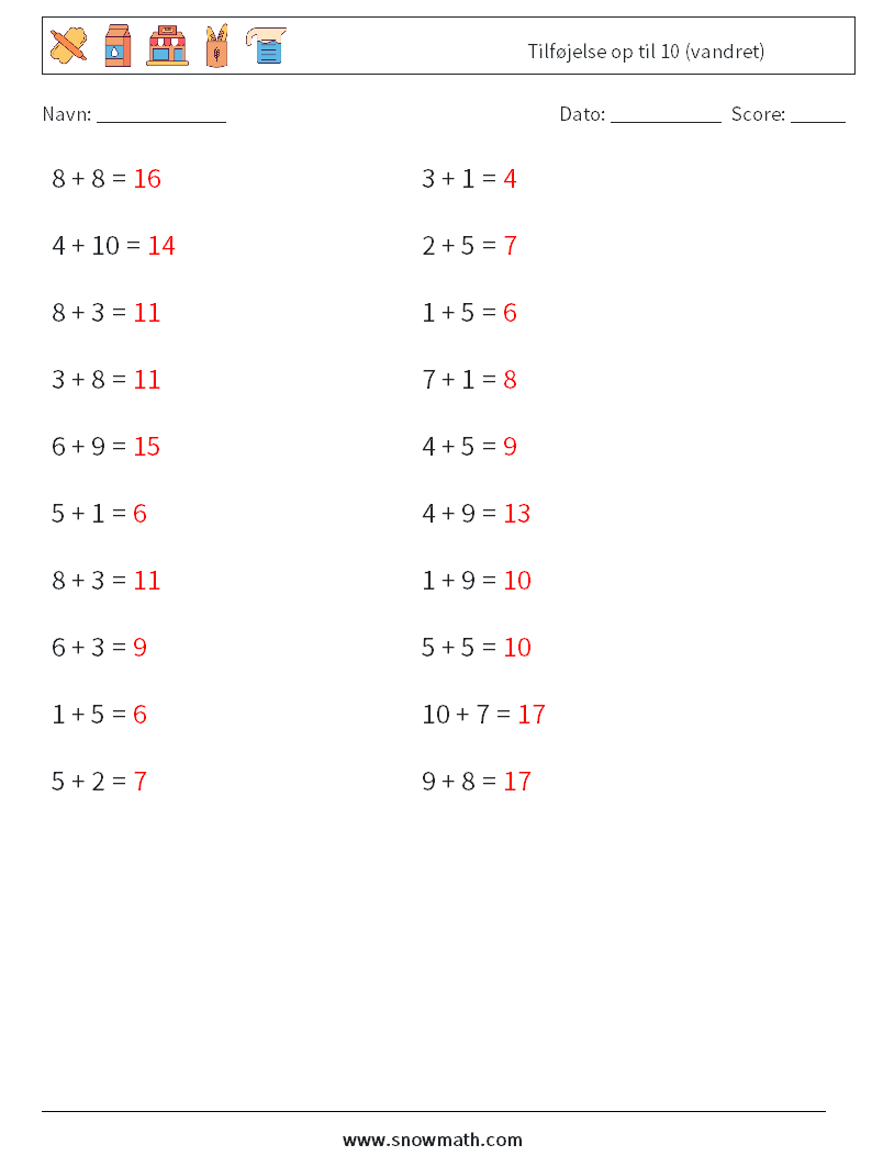 (20) Tilføjelse op til 10 (vandret) Matematiske regneark 1 Spørgsmål, svar