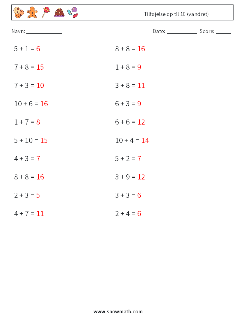(20) Tilføjelse op til 10 (vandret) Matematiske regneark 2 Spørgsmål, svar