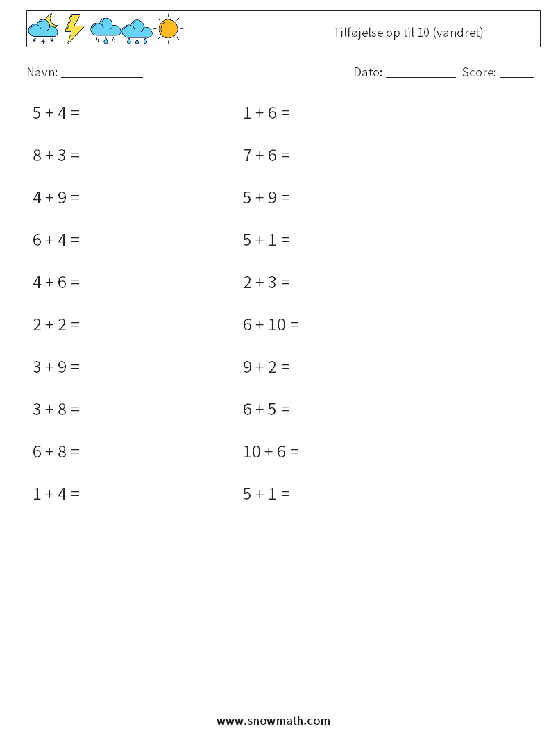 (20) Tilføjelse op til 10 (vandret) Matematiske regneark 3