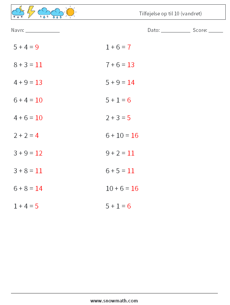 (20) Tilføjelse op til 10 (vandret) Matematiske regneark 3 Spørgsmål, svar