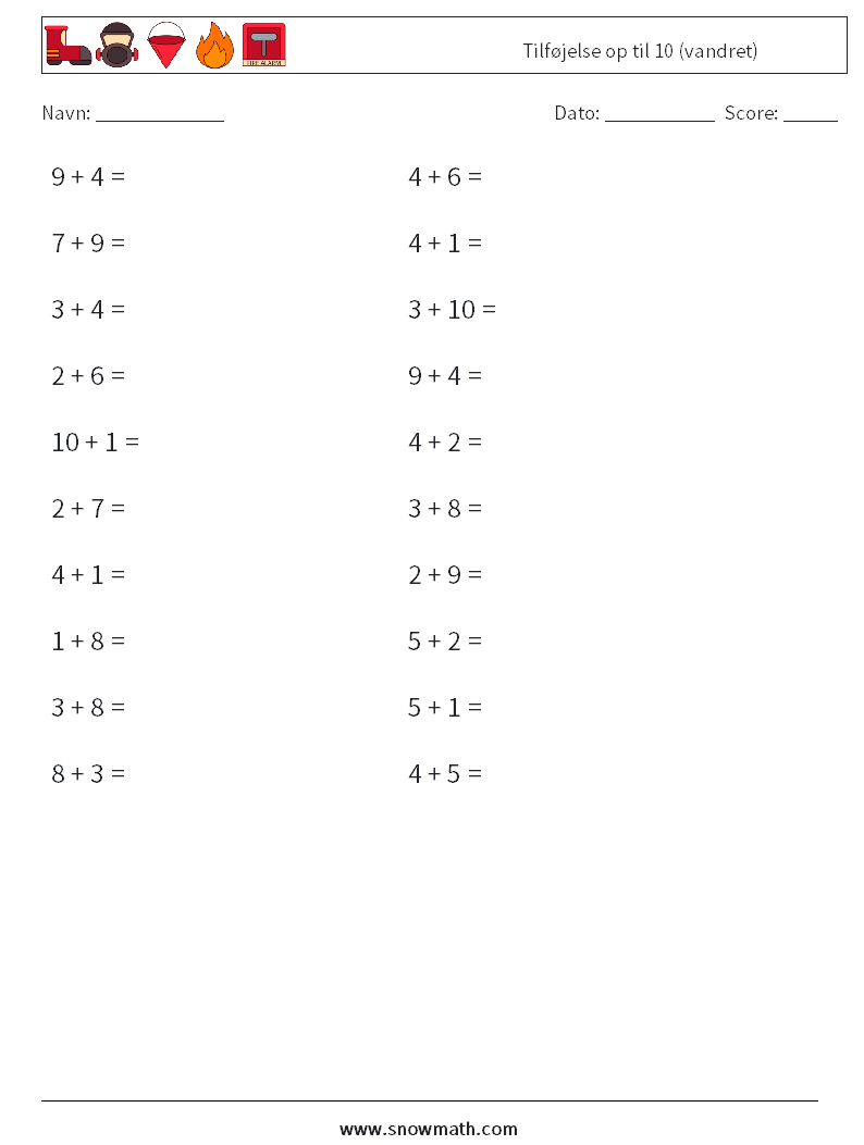 (20) Tilføjelse op til 10 (vandret) Matematiske regneark 4