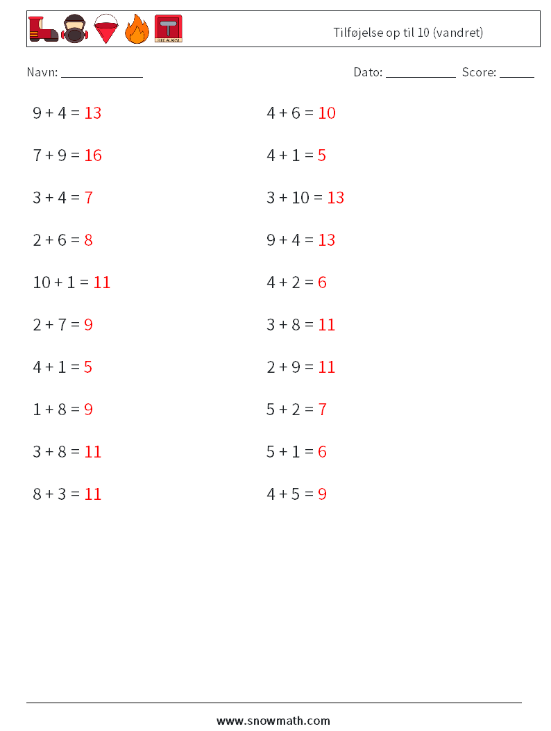 (20) Tilføjelse op til 10 (vandret) Matematiske regneark 4 Spørgsmål, svar