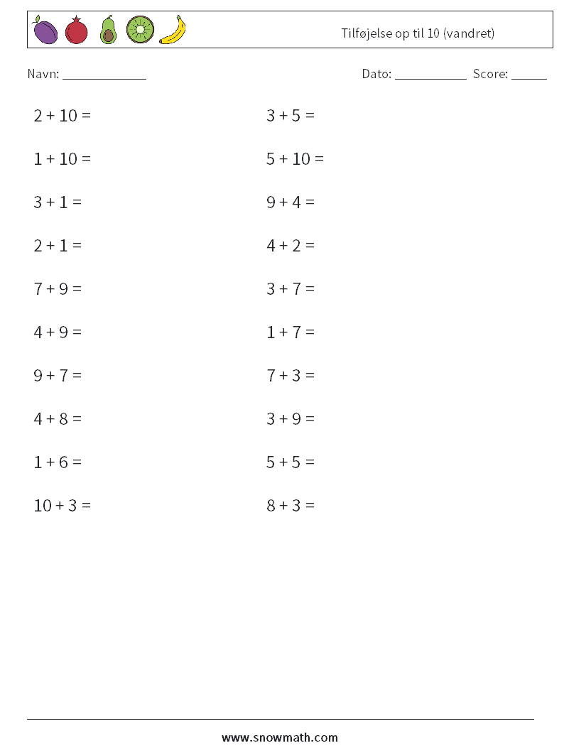 (20) Tilføjelse op til 10 (vandret) Matematiske regneark 5