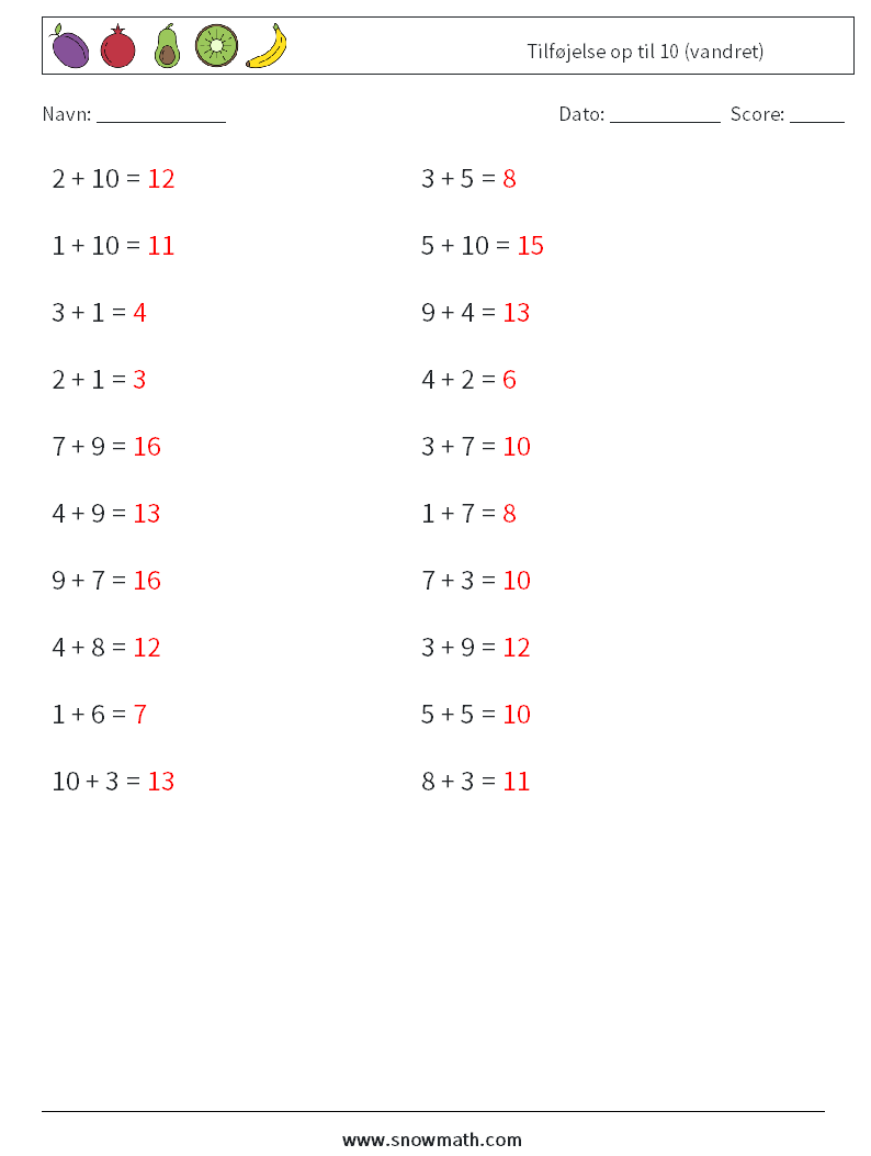 (20) Tilføjelse op til 10 (vandret) Matematiske regneark 5 Spørgsmål, svar