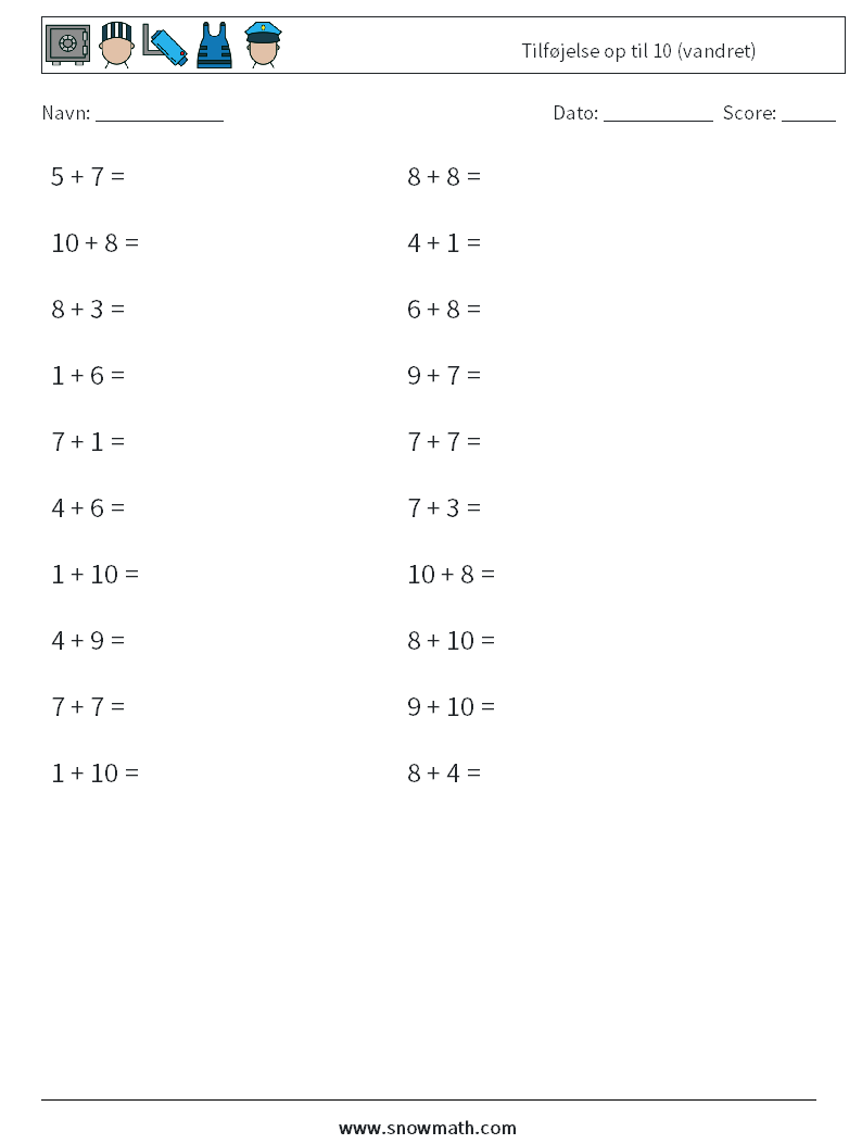 (20) Tilføjelse op til 10 (vandret) Matematiske regneark 6
