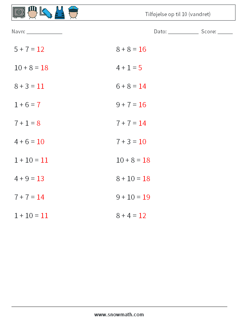 (20) Tilføjelse op til 10 (vandret) Matematiske regneark 6 Spørgsmål, svar