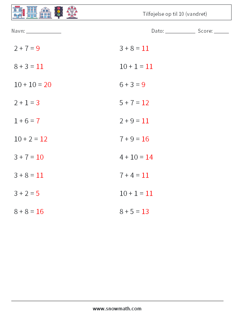 (20) Tilføjelse op til 10 (vandret) Matematiske regneark 7 Spørgsmål, svar