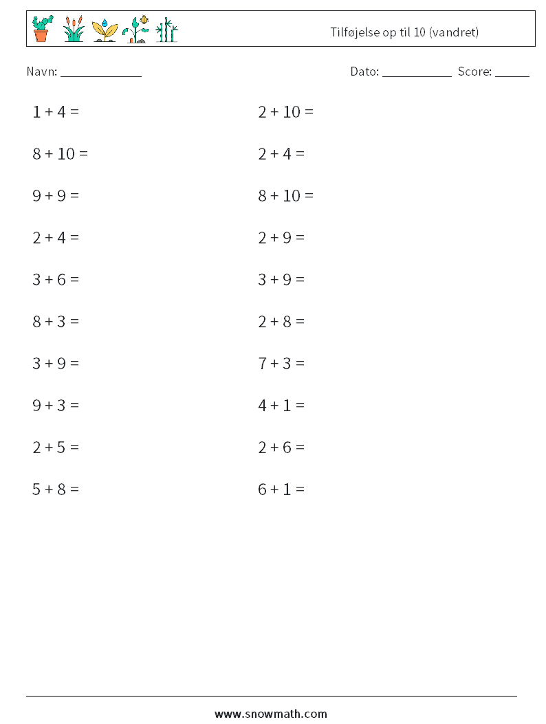 (20) Tilføjelse op til 10 (vandret) Matematiske regneark 8