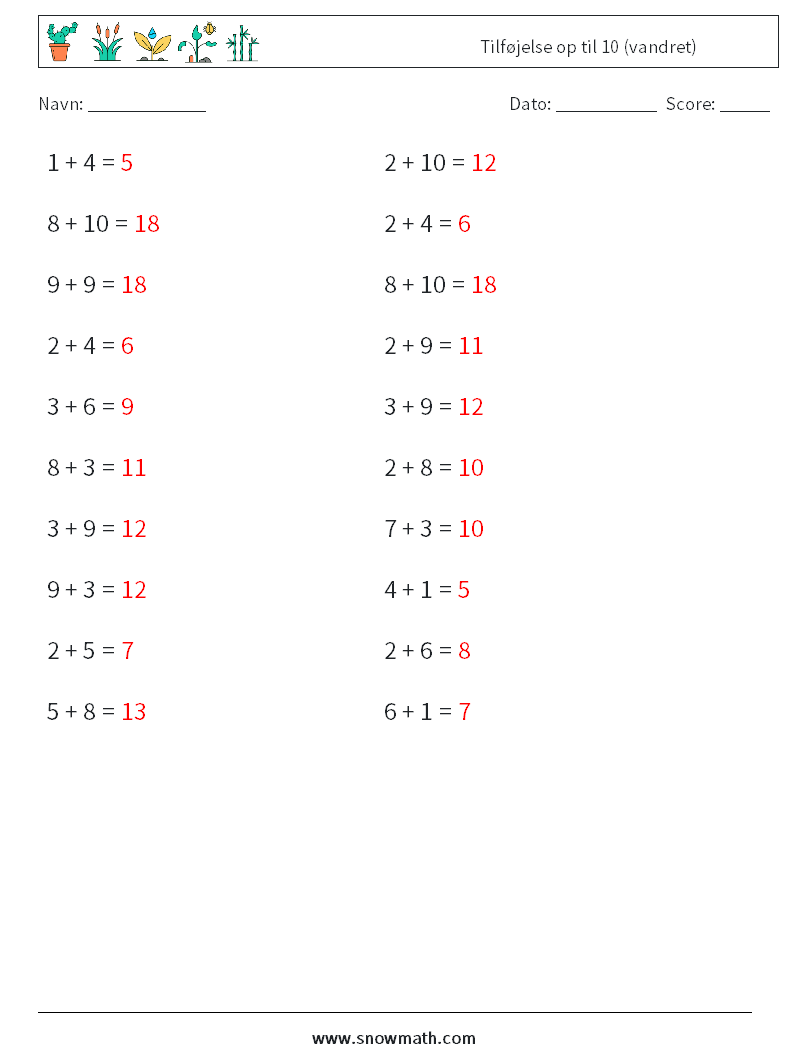 (20) Tilføjelse op til 10 (vandret) Matematiske regneark 8 Spørgsmål, svar