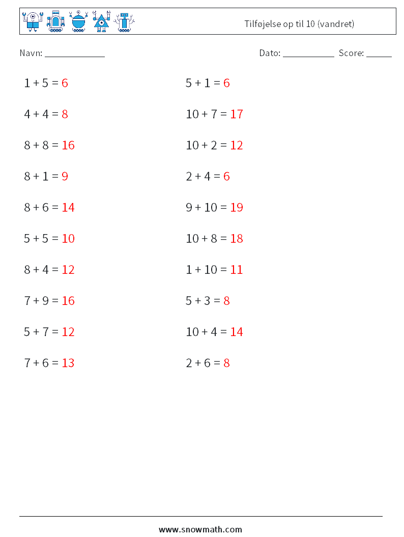 (20) Tilføjelse op til 10 (vandret) Matematiske regneark 9 Spørgsmål, svar