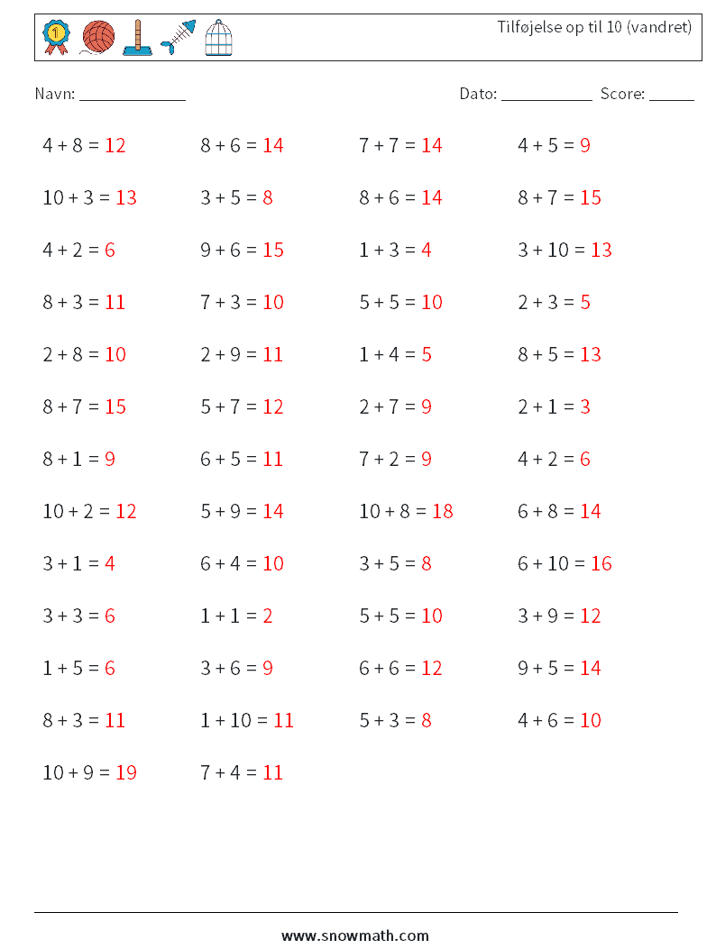 (50) Tilføjelse op til 10 (vandret) Matematiske regneark 1 Spørgsmål, svar