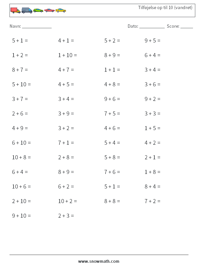 (50) Tilføjelse op til 10 (vandret) Matematiske regneark 2