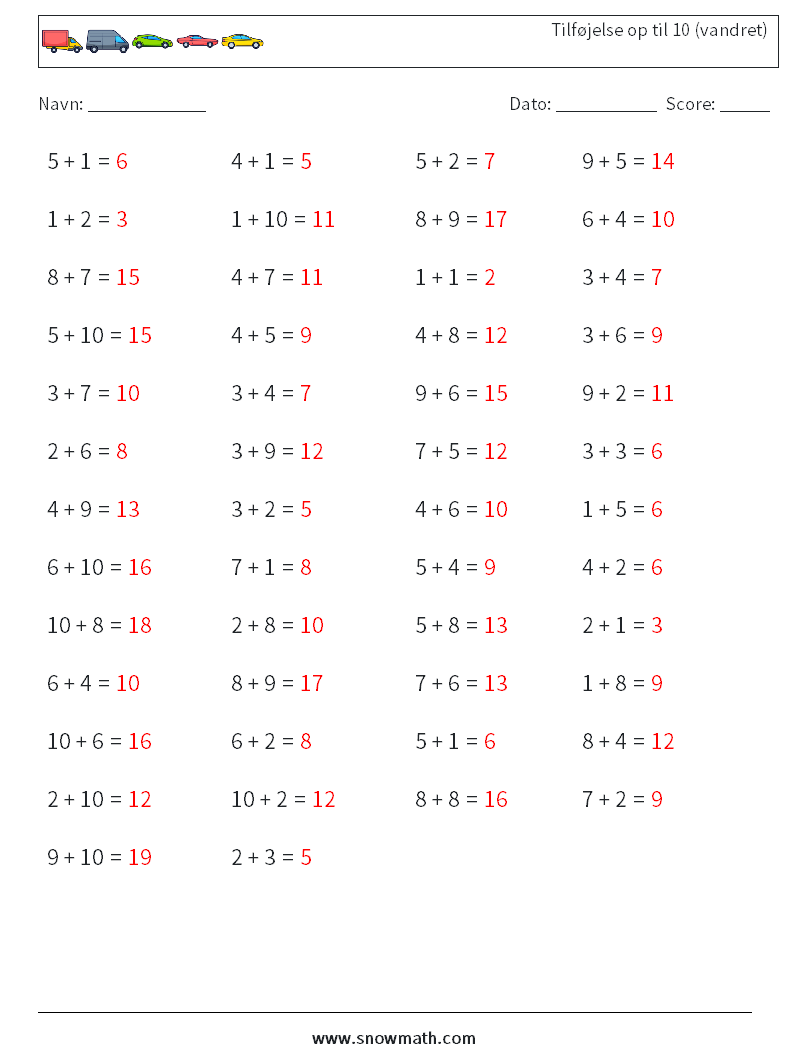 (50) Tilføjelse op til 10 (vandret) Matematiske regneark 2 Spørgsmål, svar