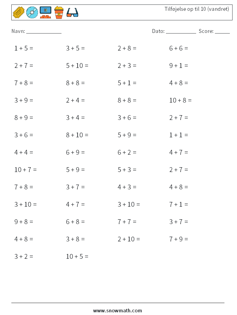 (50) Tilføjelse op til 10 (vandret) Matematiske regneark 3