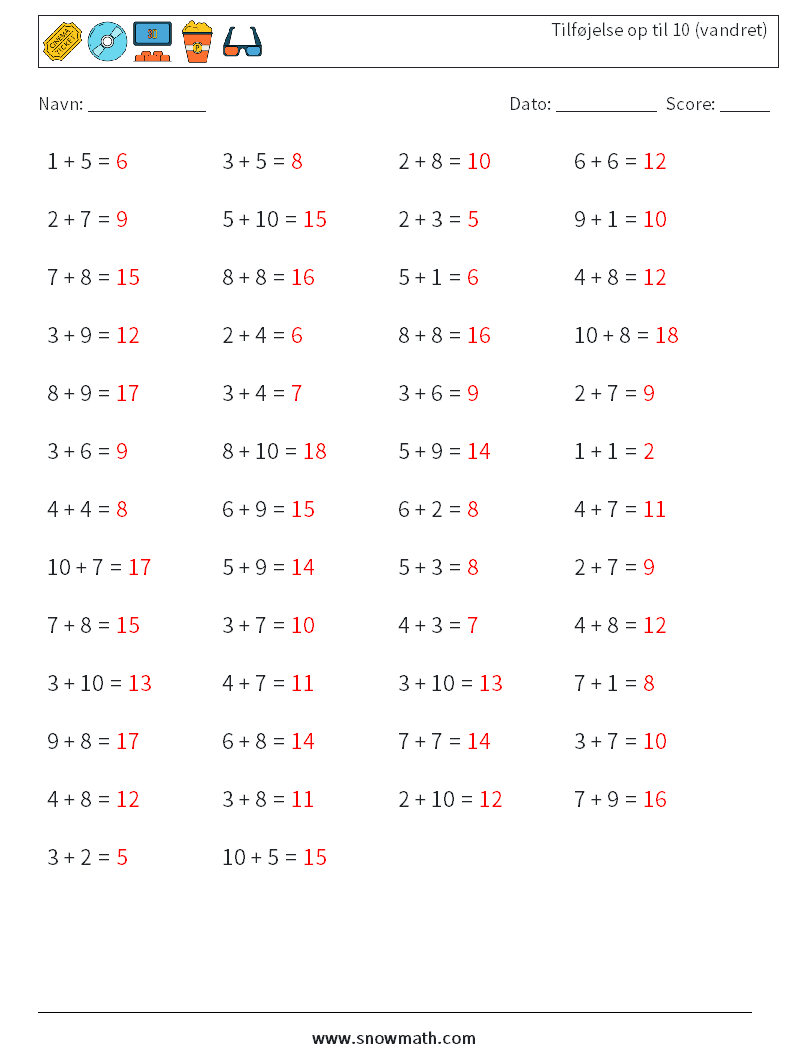(50) Tilføjelse op til 10 (vandret) Matematiske regneark 3 Spørgsmål, svar