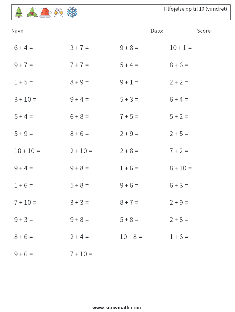 (50) Tilføjelse op til 10 (vandret) Matematiske regneark 4
