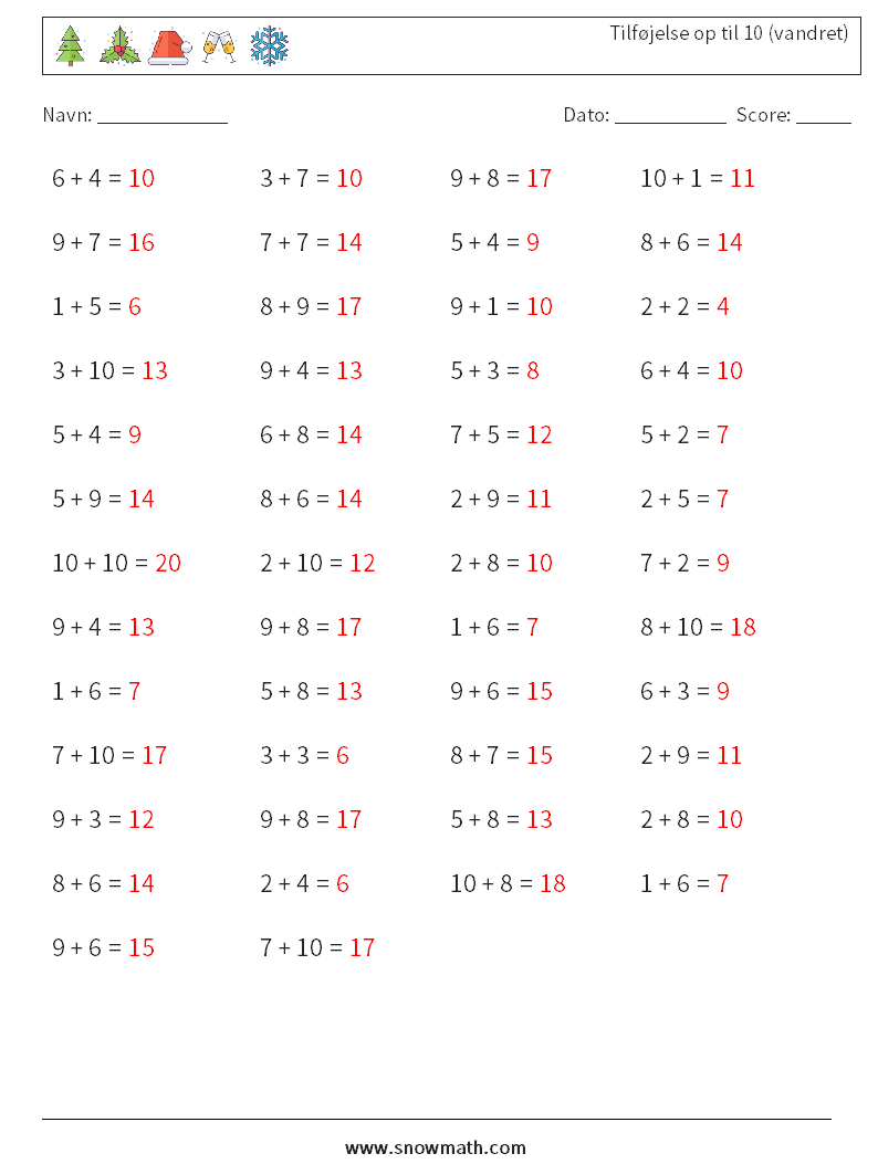 (50) Tilføjelse op til 10 (vandret) Matematiske regneark 4 Spørgsmål, svar