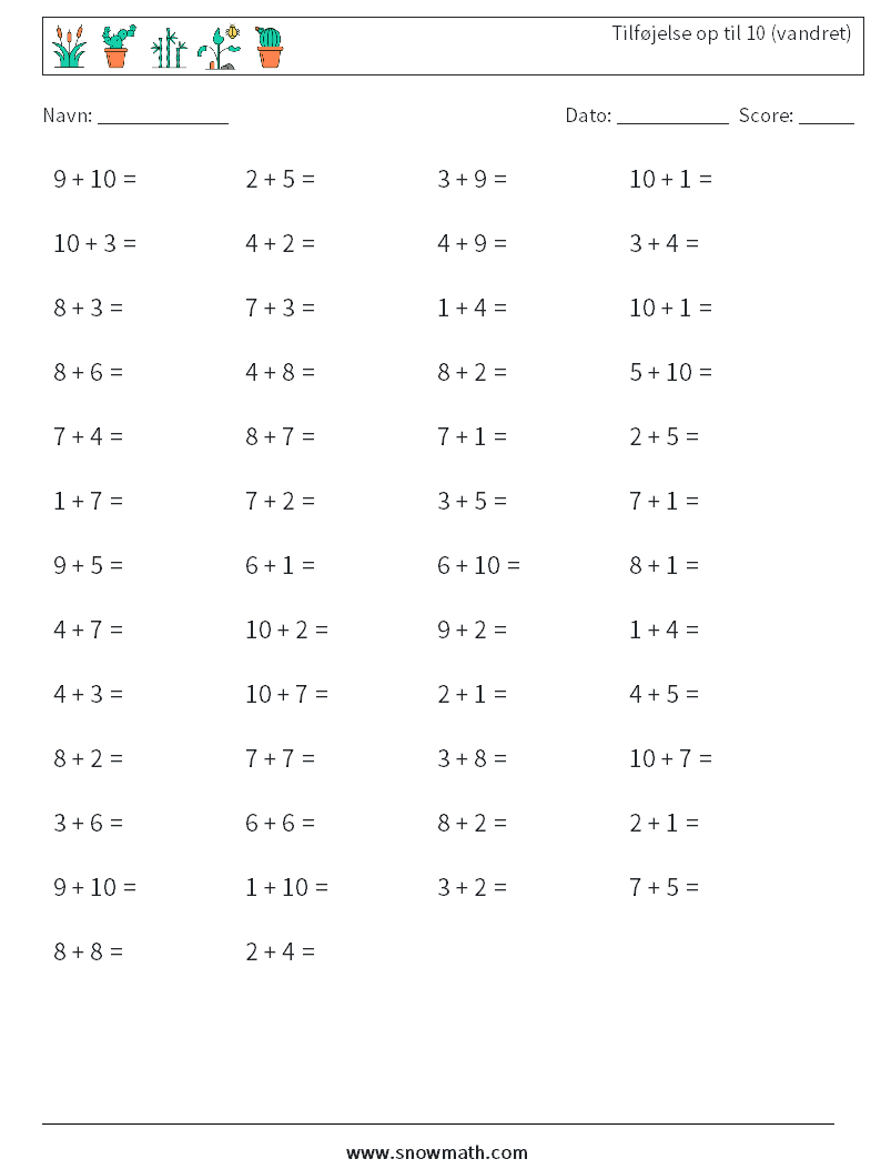 (50) Tilføjelse op til 10 (vandret) Matematiske regneark 5