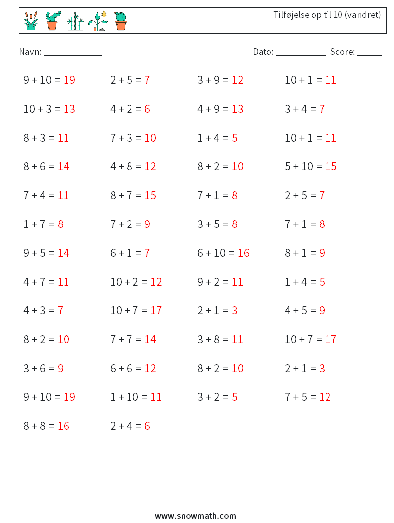 (50) Tilføjelse op til 10 (vandret) Matematiske regneark 5 Spørgsmål, svar
