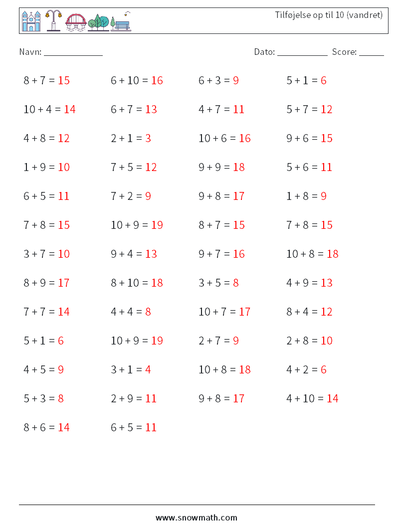 (50) Tilføjelse op til 10 (vandret) Matematiske regneark 6 Spørgsmål, svar