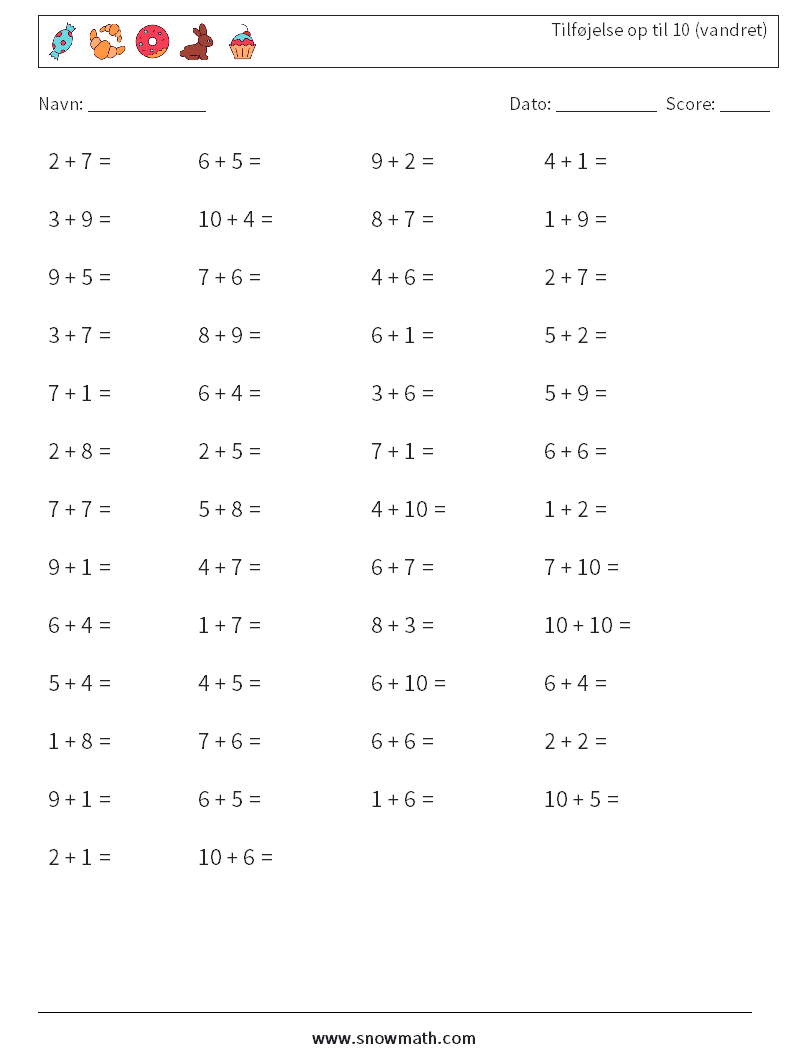(50) Tilføjelse op til 10 (vandret) Matematiske regneark 7