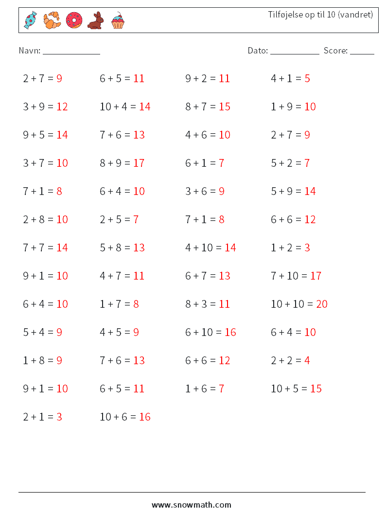 (50) Tilføjelse op til 10 (vandret) Matematiske regneark 7 Spørgsmål, svar
