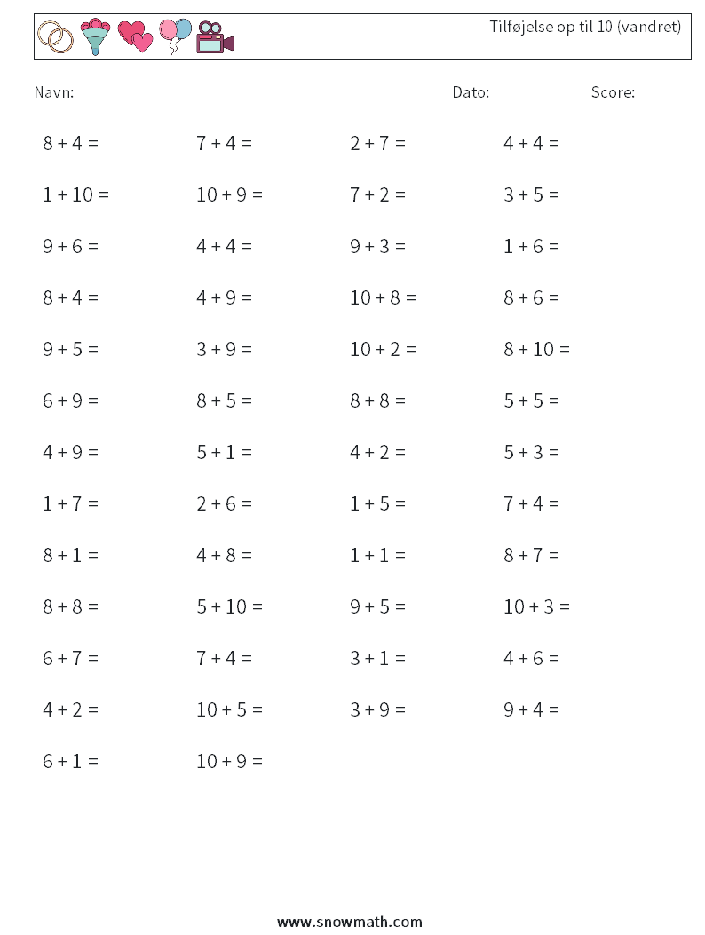 (50) Tilføjelse op til 10 (vandret) Matematiske regneark 8