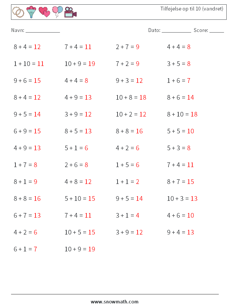 (50) Tilføjelse op til 10 (vandret) Matematiske regneark 8 Spørgsmål, svar