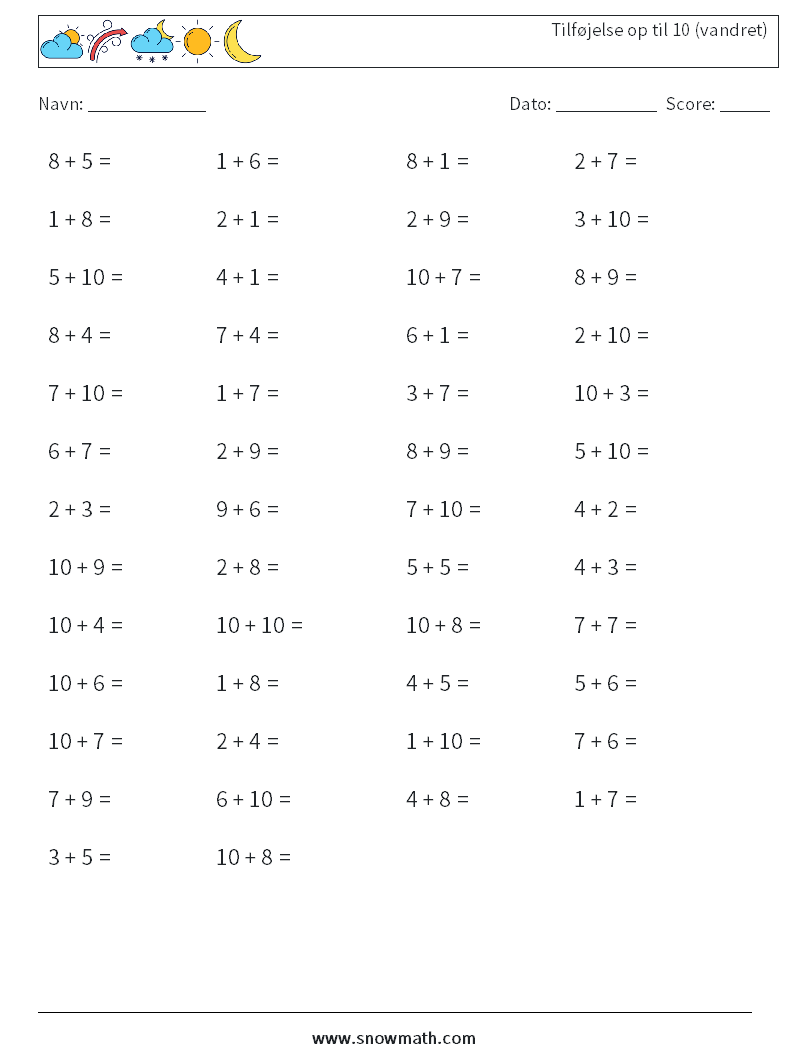(50) Tilføjelse op til 10 (vandret) Matematiske regneark 9